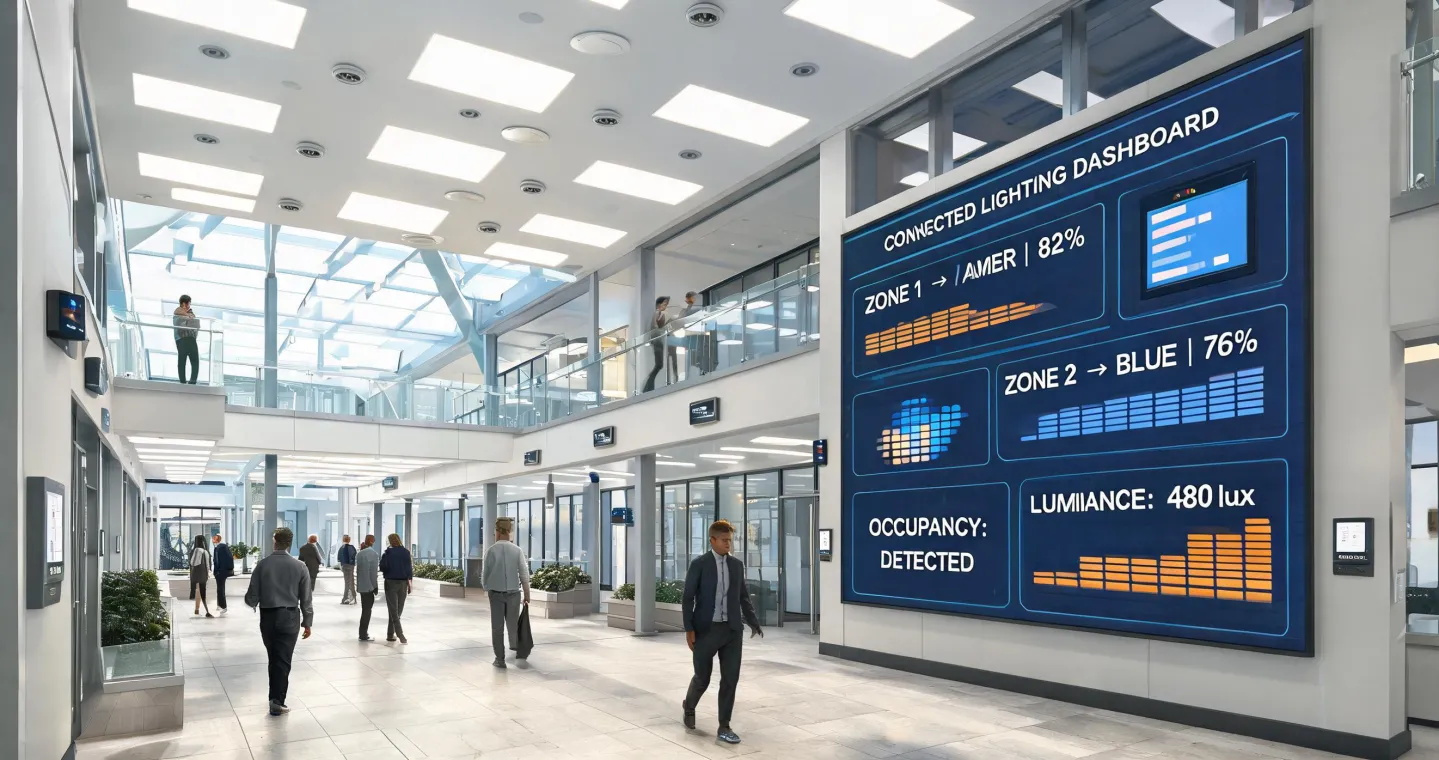 Networked lighting controls in a modern office atrium