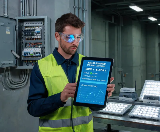 Engineer reviewing lighting controls dashboard