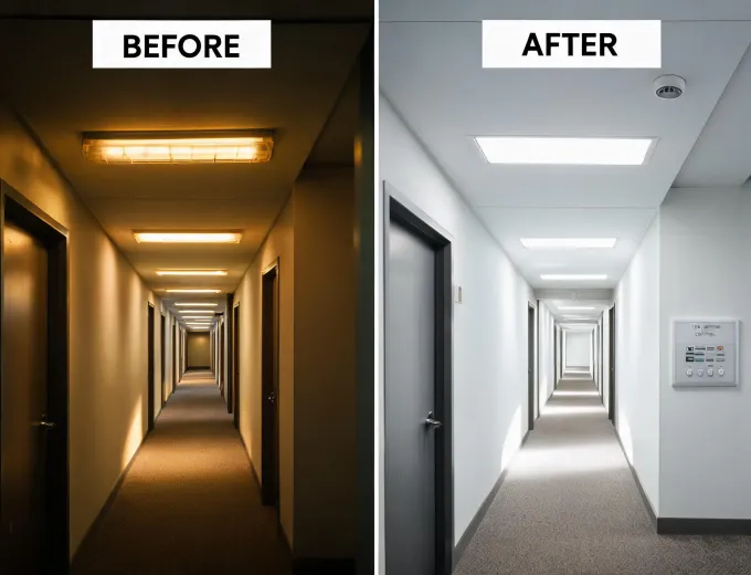 Before and after energy efficient lighting retrofit